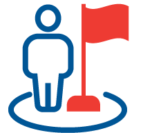 A simple icon depicting a red flag on a blue flagpole with a white background