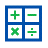 Icon consisting of four blue squares arranged in a 2x2 grid, each containing a green mathematical symbol - plus, minus, multiplication, and division