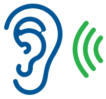 Icon of a blue ear with three green sound waves emanating to the right