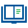 Diagram of an open book icon with blue outlines and green horizontal lines on right page representing text