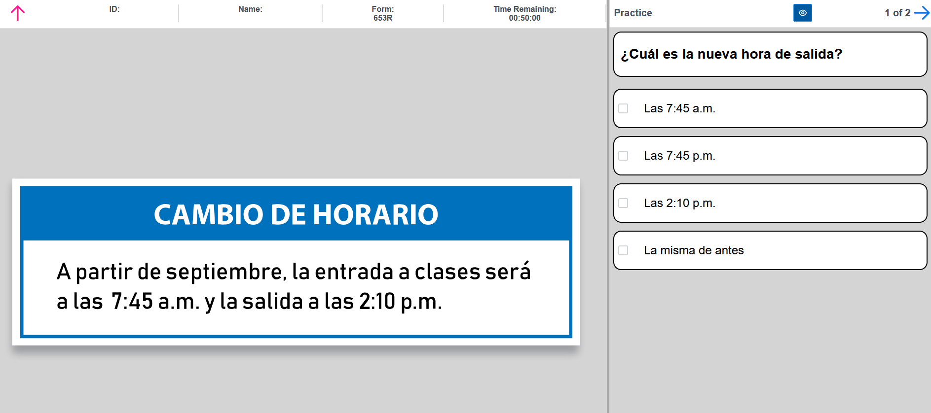 Spanish Test Practice Item 1